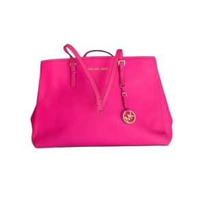 MK Michael Kors Jet Set Hot Pink Leather Tote with Gold Hardware - Gently Used